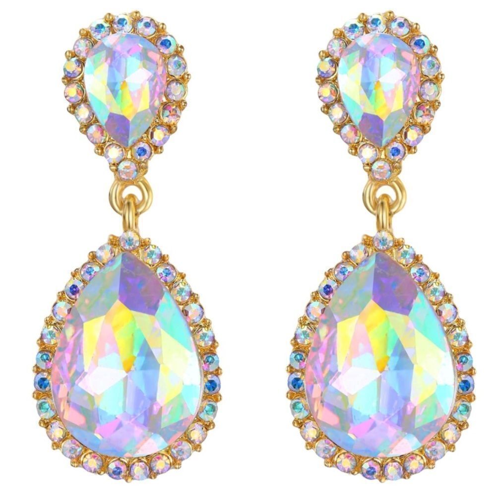 Yellow Gold with Iridescent AB Austrian Crystal Teardrop Post Back Earrings